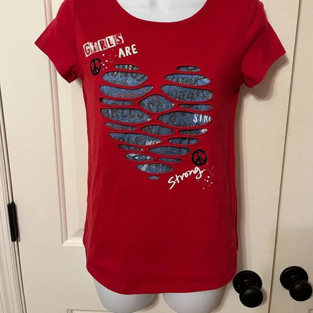 Justice stylish Girls Are Strong heart logo short sleeve top sz 12